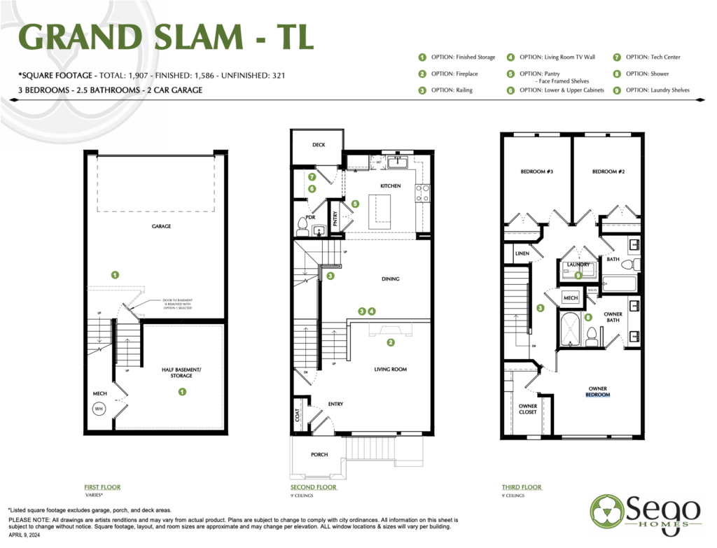 Floor plans for a three-bedroom, 2.5-bathroom townhouse with a two-car garage, spread across three floors. Includes details like a deck, living room, and various option placements.